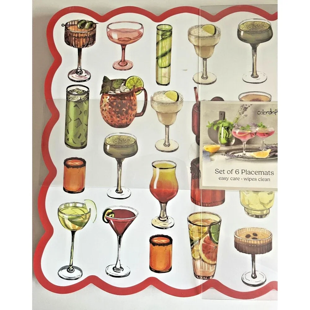 Colordrift Drinks Placemats Vinyl Foam Back Martini Beach Summer 13x18 Set of 6